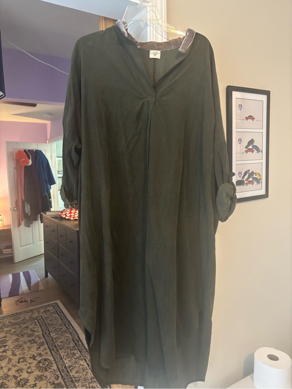 Women's Olive Green Long Sleeve V-Neck Dress